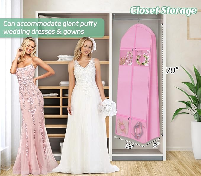 MISSLO 70" Wedding Dress Garment Bag with Bride Tote Bag 8'' Gusseted Wedding Dress Bags for Gowns Long 4 Pockets Dress Cover for Women, Pink