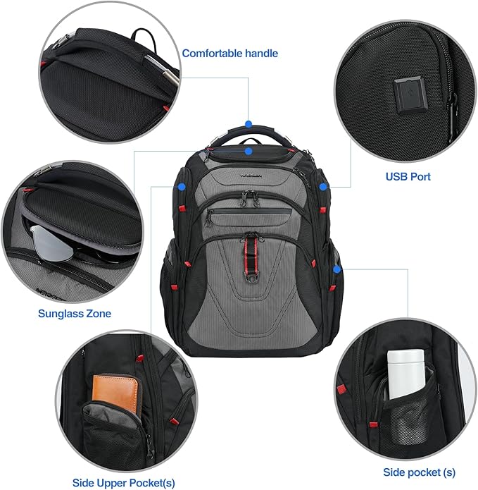 KROSER Friendly Travel Laptop Backpack 17.3 inch XXXL Gaming Backpack Water-Repellent College Daypack Business Backpack with RFID Pockets & USB Port for Men/Women-Black/Grey