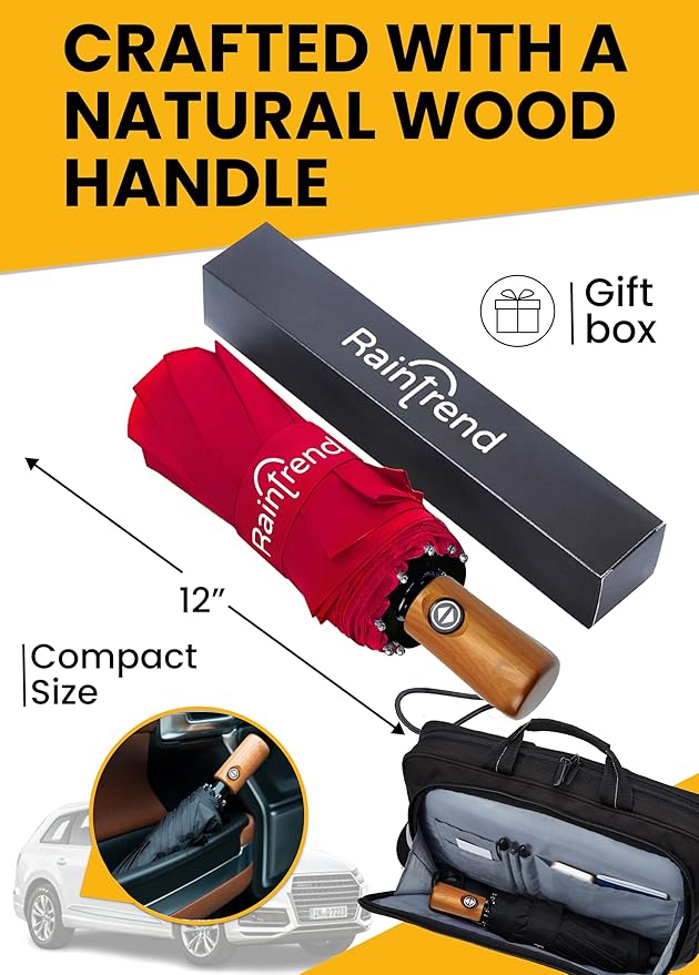 Raintrend Windproof Travel Umbrellas for Rain Automatic +10% Bigger Canopy Strong Frame Compact Folding Portable Umbrella for Women Men Backpack Purse