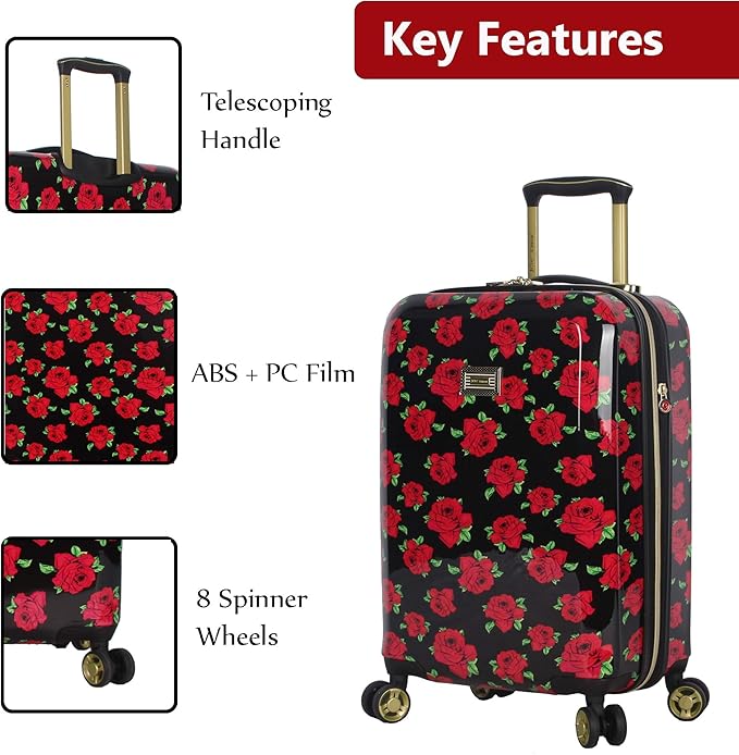 Betsey Johnson Designer 20 Inch Carry On - Expandable (ABS + PC) Hardside Luggage - Lightweight Durable Suitcase With 8-Rolling Spinner Wheels for Women (Covered Roses)