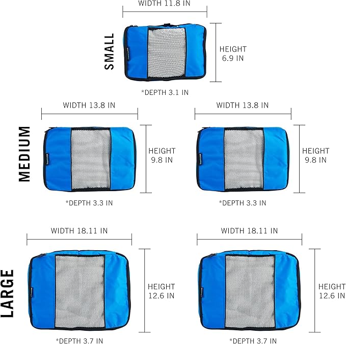 TravelWise 5 Piece Packing Cubes Set, Lightweight Luggage Organizer with Mesh Panels and 2 Way Zippers, Includes Small, Medium and Large Cubes for Travel, Blue