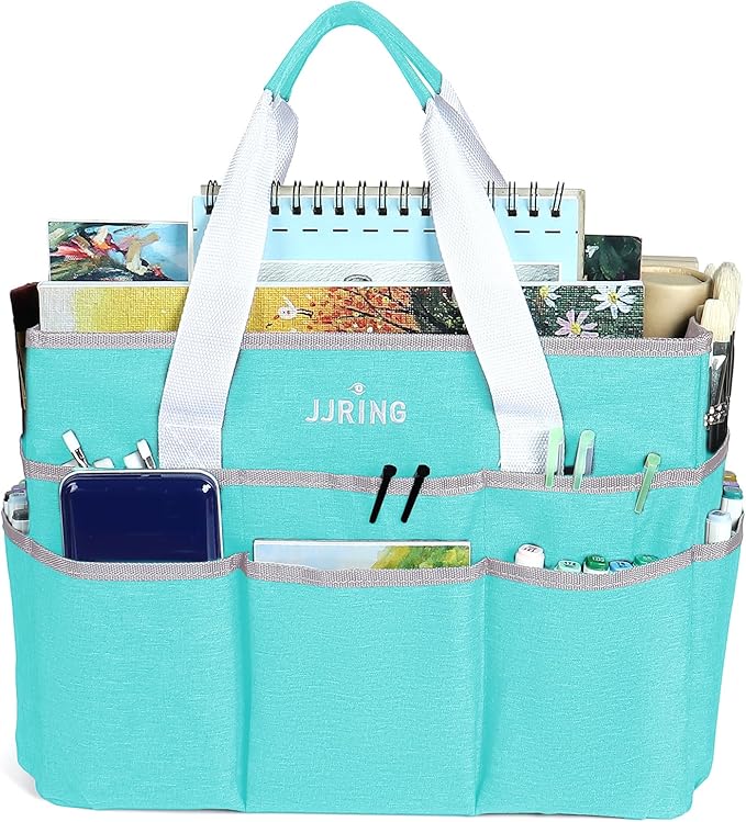 JJRING Craft Organizer Tote Bag, Large Art Storage Caddy with Multiple Pockets, Sky Blue Sewing Bag for Art, Craft, Scrapbooking, School, Medical, and Office Supplies Storage