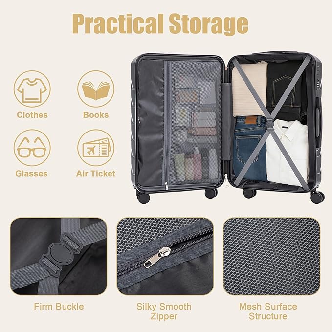 28 Inch Checked-Large Luggage, Lightweight ABS Hard Shell Suitcase with Spinner Wheels, Expandable Travel Luggage with Combination Lock & Side Hooks for Men Women (Black, 28)