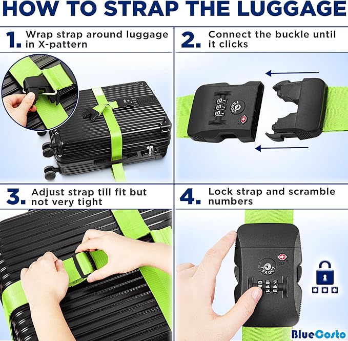 BlueCosto - Luggage Strap with TSA Lock - 7 to 13 ft Adjustable, Neon Green - TSA Approved Suitcase Security Belt with 3 Digit Combination Locking - 2" Wide Heavy Duty Baggage Strap for Secure Travel