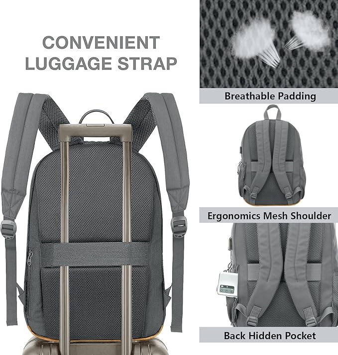 KEOFID classic carry-on travel backpack for men and women, Anti theft laptop backpack with USB charging port, work backpack, backpack for college, water resistent(Grey 19inches)