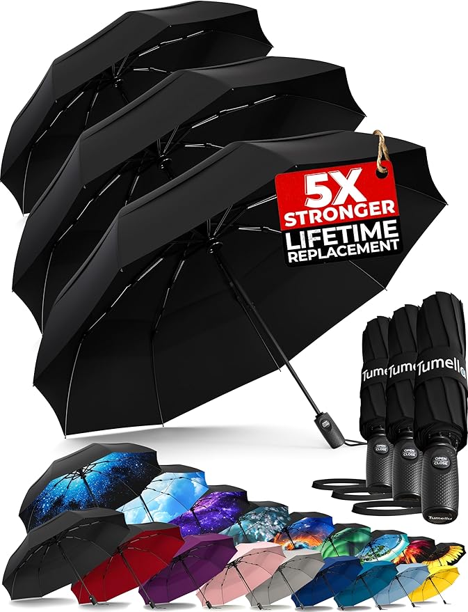 TUMELLA Strongest Windproof Travel Umbrella (Compact, Superior & Beautiful), Small, Wind-Tested, Light & Portable, Automatic Folding Rain Umbrella, Durable Premium Grip, Fits Car and Backpack