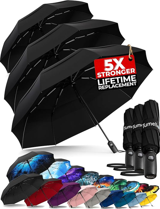 TUMELLA Strongest Windproof Travel Umbrella (Compact, Superior & Beautiful), Small, Wind-Tested, Light & Portable, Automatic Folding Rain Umbrella, Durable Premium Grip, Fits Car and Backpack