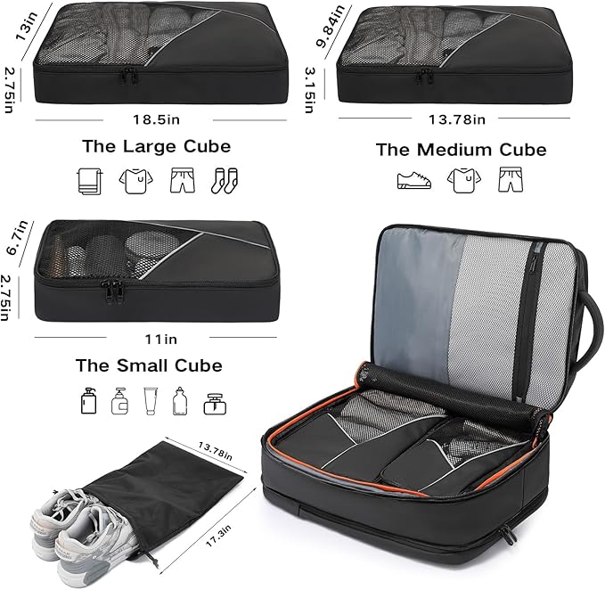 TANGCORLE 50L Carry on Travel Backpack, Expandable Airline Approved Backpacks with 3 Packing Cubes Fit 17.3 inch Laptop Suitcase backpack for Men Women(Black)