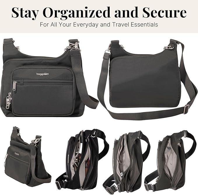 Baggallini Securtex Anti-theft Crossover Crossbody Bag 11”w X 8.5”h, Rfid, Built-in Wallet, Locking Zippers