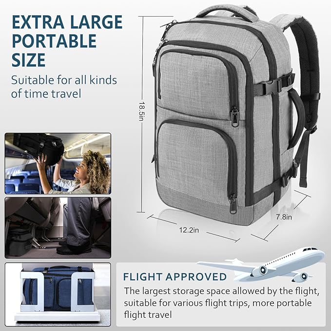 Dinictis Travel Backpack Carry on Flight Approved, Backpack Suitcase for Travel, Personal Item Travel Bag fits 17 inch Laptop- Grey