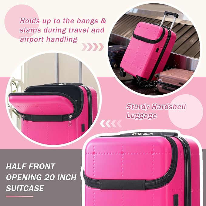Merax Luggage Sets,5 Piece Front Half-open Hardshell Expandable Suitcase Set with Spinner Wheels and Duffel Bags,Lightweight Carry on Luggage with USB Port,20/24/28IN,Pink-1
