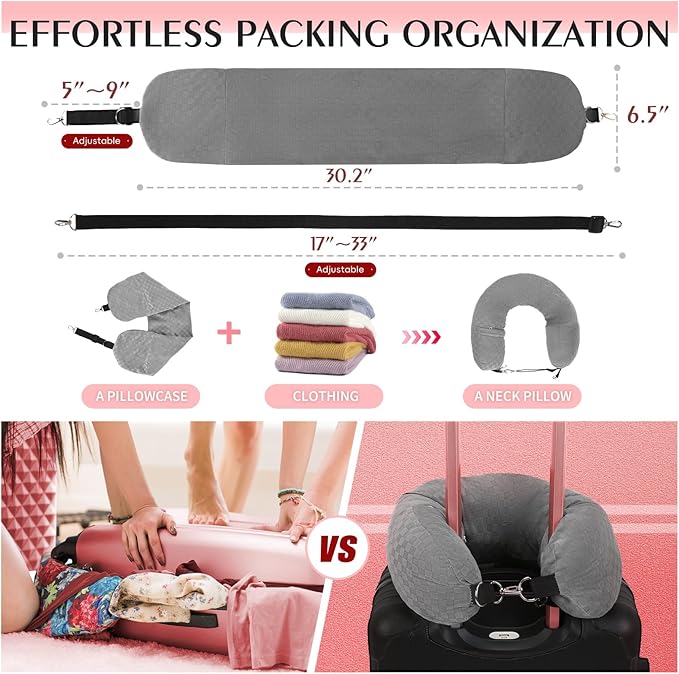 Stuffable Travel Pillow, Stuffable Neck Pillow for Travel, Neck Pillow Stuffed with Clothes Storage - No Extra Baggage Fees, Fits 5+ Days of Travel Essentials, No Filler (Grey-Checkerboard)