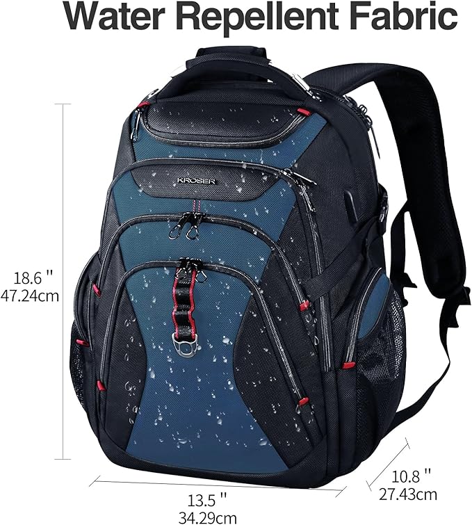 KROSER Travel Laptop Backpack 17.3 Inch XL Computer Backpack with Hard Shell Saferoom RFID Pockets Water-Repellent Business College Daypack Stylish Bag for Men/Women-Black Haze Blue