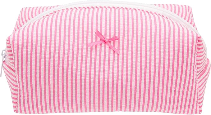 PAZIMIIK Cozy Makeup Bag Small Aesthetic Travel Zipper Cosmetic Pouch for Women Make Up Beauty Accessories Brushes, Stripe Hotpink