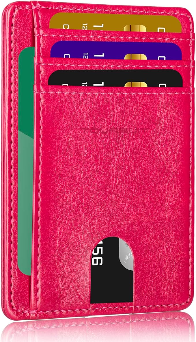 TOURSUIT Travel Minimalist Slim Front Pocket Wallet for Men Women, RFID Blocking Credit Card Holder Case (Rose Red)