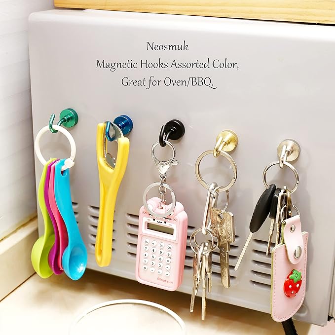 Neosmuk Magnetic Hooks, 30lb+ Heavy Duty Earth Magnets with Hook for Refrigerator, Extra Strong Cruise Hook for Hanging, Magnetic Hanger for Cabins, Grill (Green, Pack of 6)