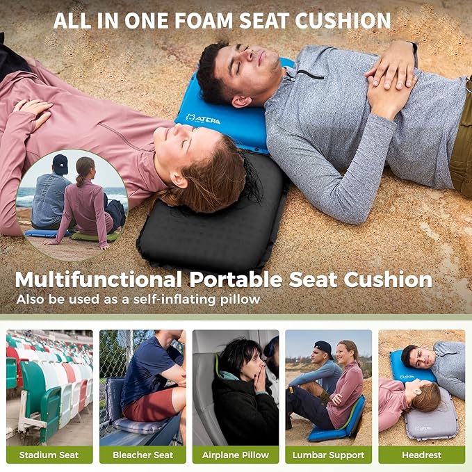 ATEPA Inflatable Seat Cushion, Self-Inflating Portable Stadium Airplane Travel Foam Cushion Pad for Camping, Sports Events, Outdoor