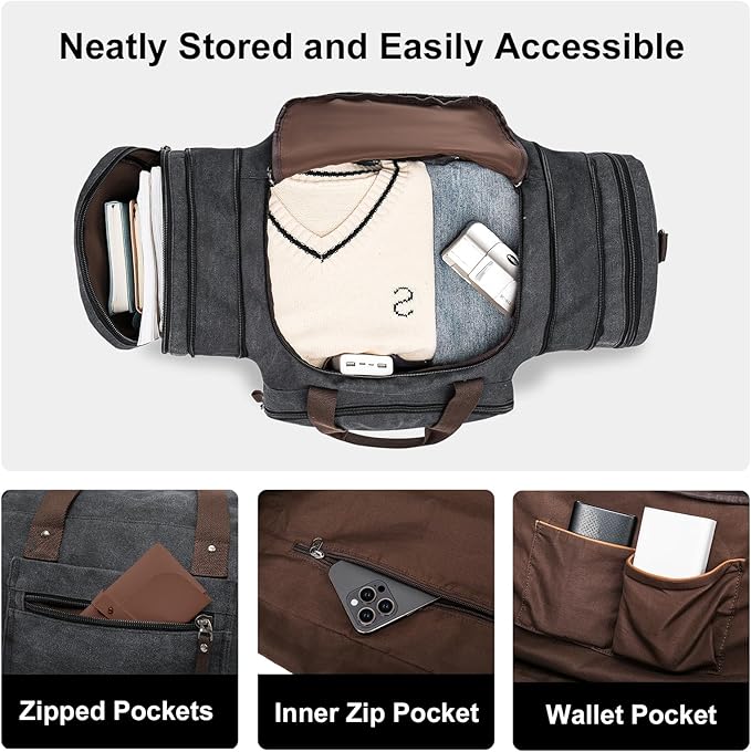 Canvas Expandable Duffle Bag for Men Traveling, Luggage Travel Bag Weekender Overnight Bag,Mens Gym Carry on Duffel Bags