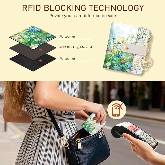 Jogjam Floral Green Rfid Ladies Wallet, Small Slim Thin Compact Credit Card Women Wallet, Spring Flowers PU Leather Bifold Cash Zipper Coin Pocket ID Window for Female