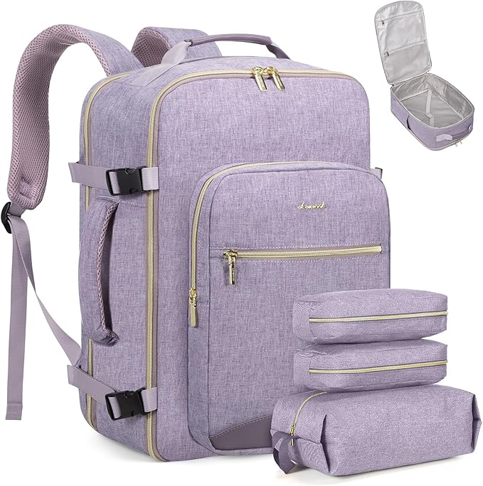 LOVEVOOK Travel Backpack for Women & Men 40L,Airline Approved Carry On Backpack Travel Essentials,TSA Carry on Luggage,Waterproof Personal Item Travel Bag,Suitcase with 3 Packing Cubes,Taro Purple