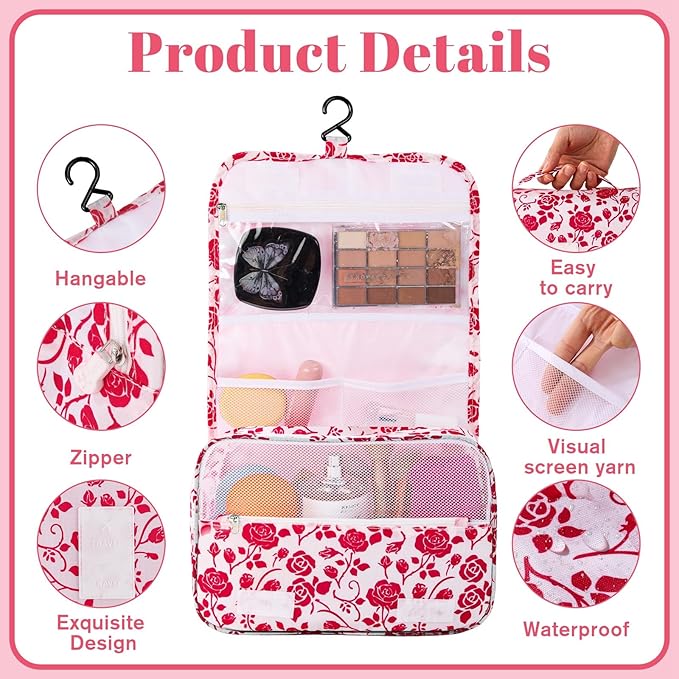 Pengxiaomei Hanging Toiletry Bag, Red Roses Waterproof Cosmetic Bag Portable Makeup Pouch Travel Wash Bag with Handle for Kids Teen Girls Spring Party Mothers Day Gifts