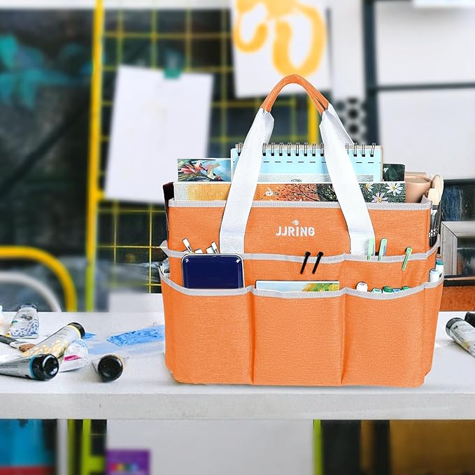 JJRING Craft Organizer Tote Bag, Large Art Storage Caddy with Multiple Pockets, Orange Sewing Bag for Art, Craft, Scrapbooking, School, Medical, and Office Supplies Storage