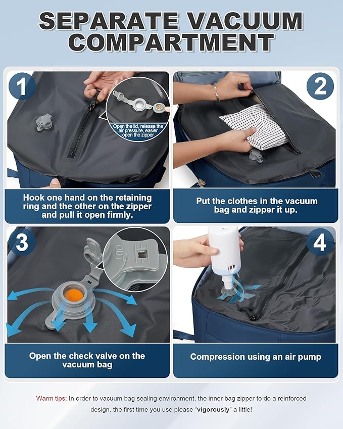 VGCUB Vacuum Backpack Travel with Electric Pump Vacpack System Storage Compression Laptop Work Business Waterproof College Weekender Bags Casual Daypack Backpacks for Women Men Blue