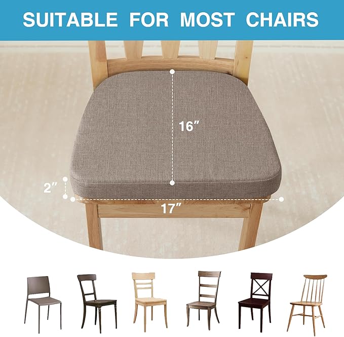 Chair Cushions for Dining Chairs Set of 4, Non Slip Kitchen Chair Pads, 17" x 16" x 2", Indoor Dining Chair Cushions with Ties, D-Shaped Seat Cushions for Kitchen Chairs, Light Brown