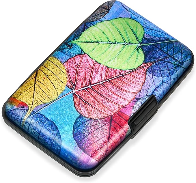 Mayski Credit Card Holder, RFID Blocking, Aluminum Alloy Hard Case, Small Mini Business Metal Wallet for Women Men, Colorful Leaves