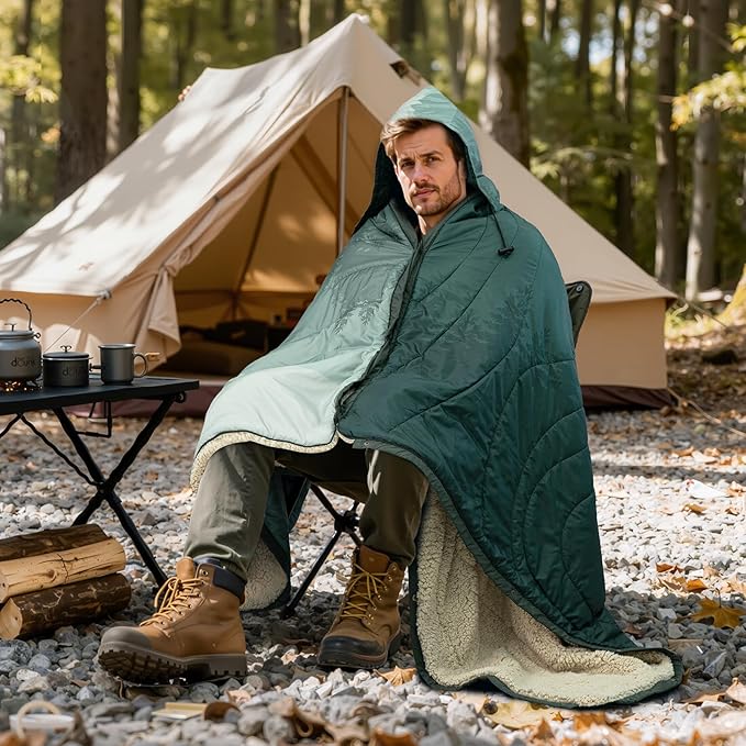 Outdoor Camping Blanket with Sherpa Lining, Extra Warm Thick Camp Blankets and Puffy Ultralight Soft Poncho DWR Camping Quilt for Cold Weather, Adventure, Sleeping, Backpacking 78"x 56"
