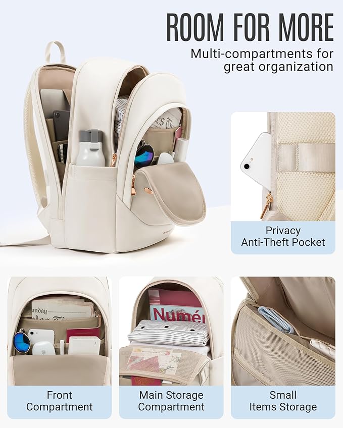 LIGHT FLIGHT Travel Laptop Backpack for Women, 15.6 Inch Backpack with USB Charging Hole, Water Resistant College Bookbag, Large Capacity Black Computer Backpacks for Work, Warm Beige
