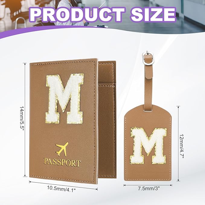 PATIKIL Passport Holder for Travel, Initial Passport Cover and Luggage Tag Set with Alphabet Chenille Letter Patch Travel Wallet Bag Suitcase Identifier for Women Family Travel Brown M