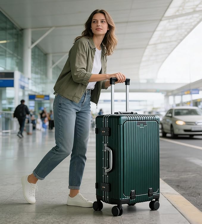 feilario Aluminium Frame PC Hard Shell Spinner Wheels Luggage,22.5"X15"X9.5" Airline Approved Built-In TSA lock Carry on Suitcase, with Cup Holder, USB Port, Phone Holder