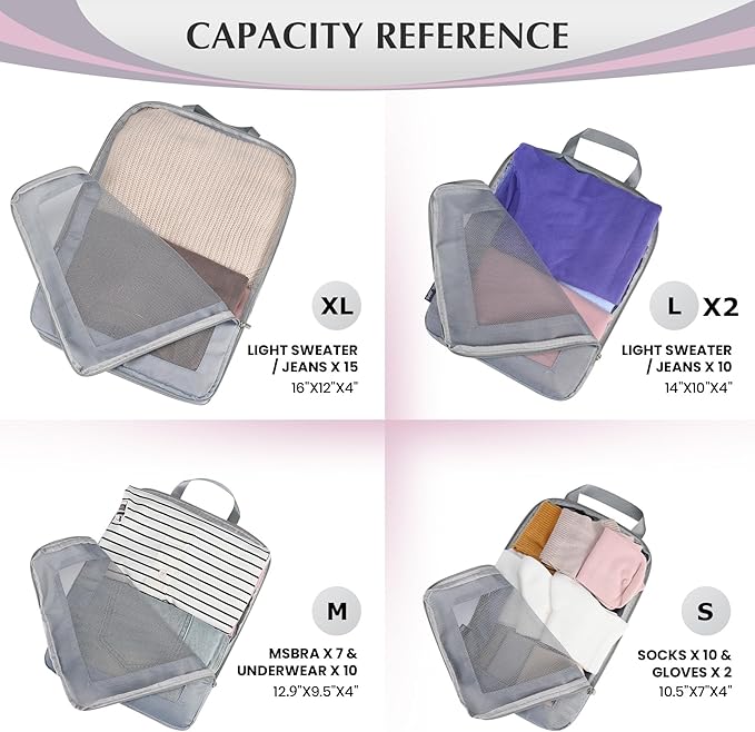 Ultralight Compression Packing Cubes for Suitcases Carry on，Compressible Mesh Packing Cubes for Travel Women Travel Essentials with Shoe Bag 6 Set (Grey)