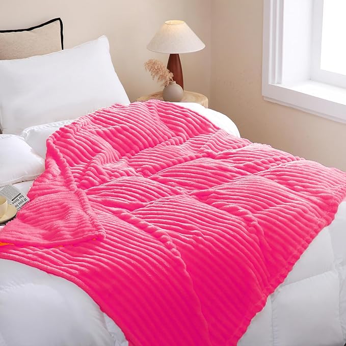 Valentines Day Decorations Hot Pink Fleece Throw Blanket 50”×60” for Couch Sofa,Cozy Plush Microfiber Flannel Blanket with Stripes Design Lightweight Gifts for Adults Woman Girls