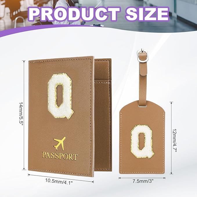 PATIKIL Passport Holder for Travel, Initial Passport Cover and Luggage Tag Set with Alphabet Chenille Letter Patch Travel Wallet Bag Suitcase Identifier for Women Family Travel Brown Q