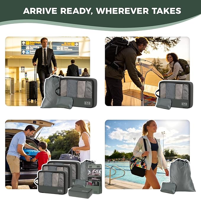 8-Piece Compression Packing Cubes for Travel, Trendy Luggage Organizer Set for Young Travelers, Space Saving for Carry-On, Suitcase, Vacation & Weekend Trips - Avocado Green