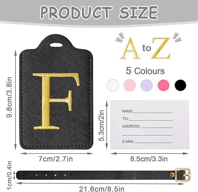 Initial Letter Luggage Tags for Suitcases, Embroidered Monogrammed Suitcase Luggage Identifier Name Tag, PU Leather TSA Approved Luggage Tags, Bag Tags for Men Women Kids Luggage Handbags(Black F)