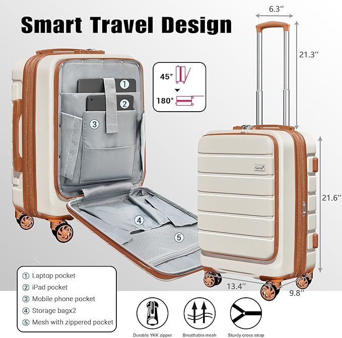 Explorer 20 Inch Carry On - Hardshell Suitcases with Front Pocket, White Brown