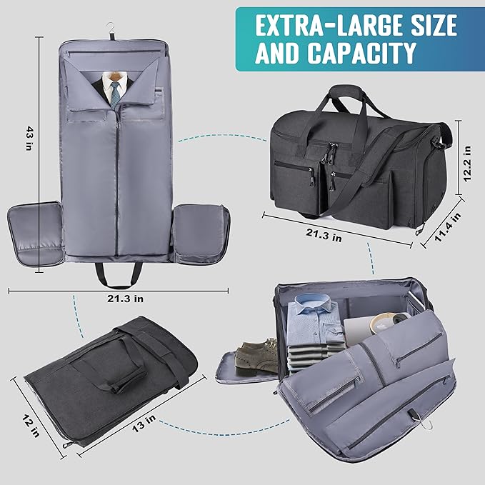 HILOMON Convertible Duffle Bags for Travel Carry On Suit Duffle Bags with Shoulder Strap 2 in 1 Hanging Garment Duffle Bag for Men Women (Black Mesh Storage)
