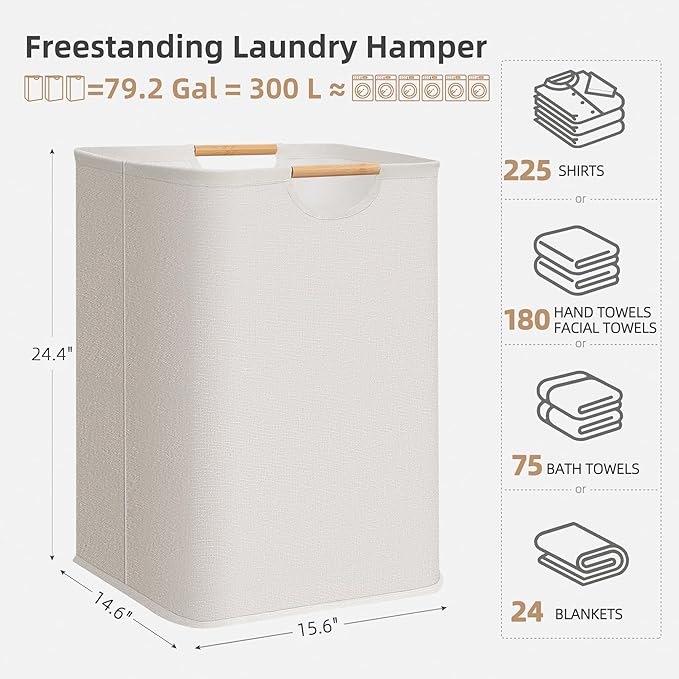 STORAGE MANIAC 3-Pack Large Laundry Hamper, 100L (26.4 Gal) Collapsible Laundry Basket with Bamboo Handles, Freestanding Waterproof Clothes Hamper for Laundry Room, Bedroom, Dorm, Towels, Toys, White