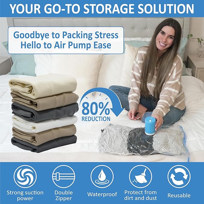 Cozy Essential Travel Vacuum Storage Bags with Rechargeable Cordless Electric Pump, Space Saver Bags for Luggage, Suitcase, Carry-On, for Clothes, Blankets, Comforters, Pillows, 10 Combo