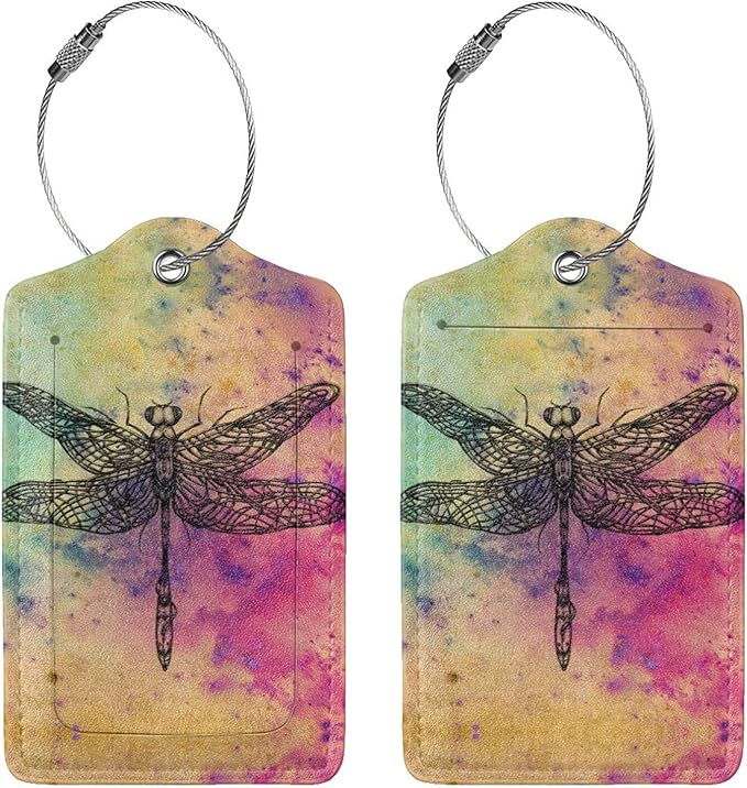 Dragonfly 2 Pcs Luggage Tags, Privacy Cover Id Label with Stainless Steel Loop and Address Card for Suitcases & Travel Bags