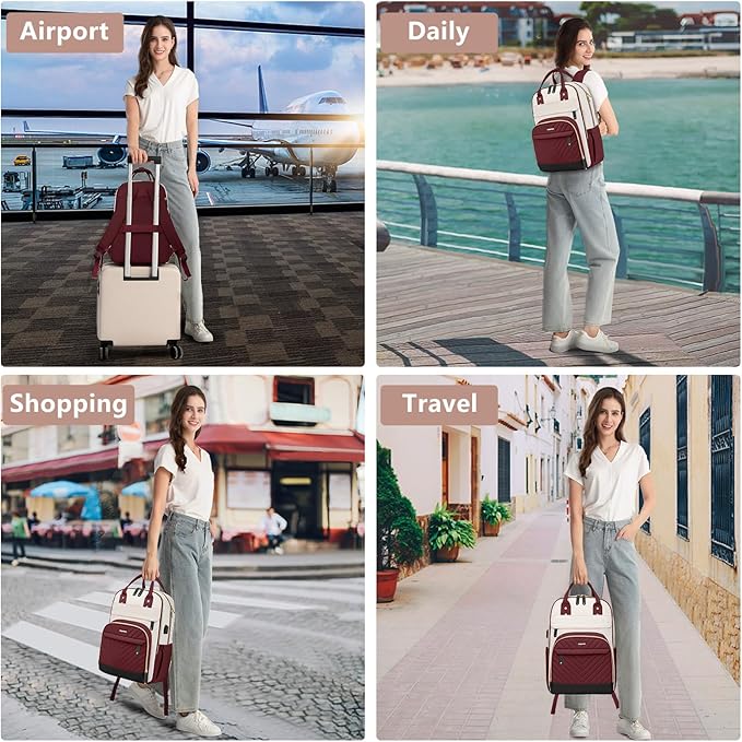 Laptop Backpack for Women Work Bag - 15.6 inch Travel Backpack Purse with USB Charger College Bookbag Waterproof Cute Casual Daypack Business Computer Backpacks for Teacher Nurse Beige Wine Red