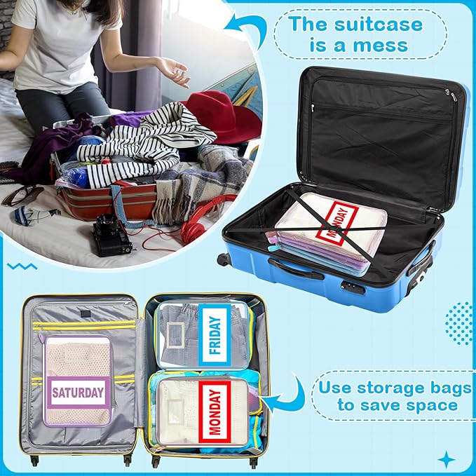 Honoson 7 Pack Packing Cubes for Travel Days of Week Packing Cubes with Labels Clear Zippered Storage Bag for Travel Summer Camp Essentials