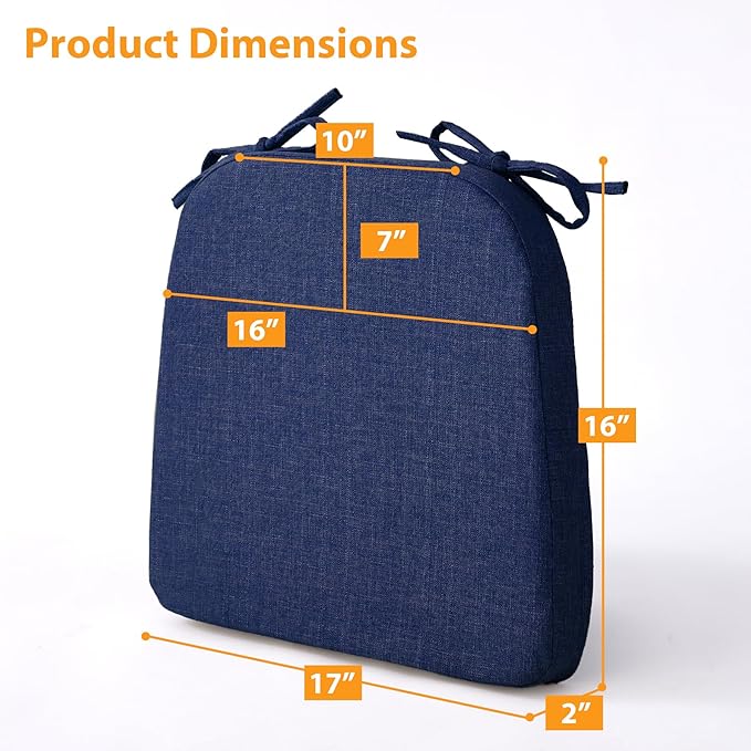 Chair Cushions for Dining Chairs, 2" Thick Seat Cushions for Kitchen Chairs, D-Shaped Chair Pads with Washable Cover, Ties and Non Slip Backing, 17'' x 16'', Set of 6, Blue