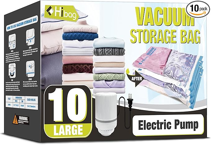 HIBAG Vacuum Storage Bags with Electric Pump, Vacuum Seal Bags for Clothing, Pillows, Blanket Bedding Comforters, 10 pack Large