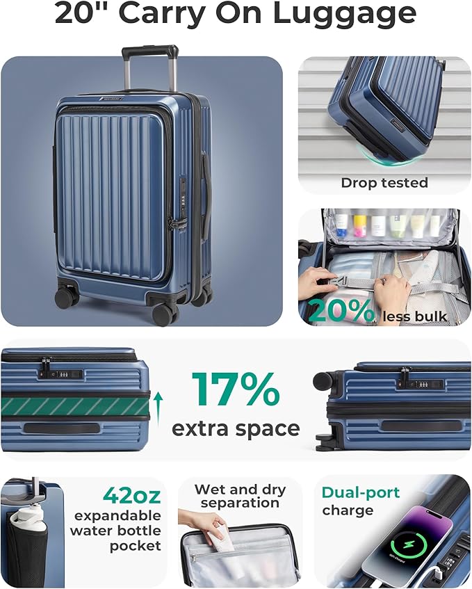 BAGSMART Top Opening Carry On Luggage 22x14x9 Airline Approved with TSA Lock, Expandable 20 Inch Deep Compartment Hard Shell Suitcases with Double Spinner Wheels, Blue