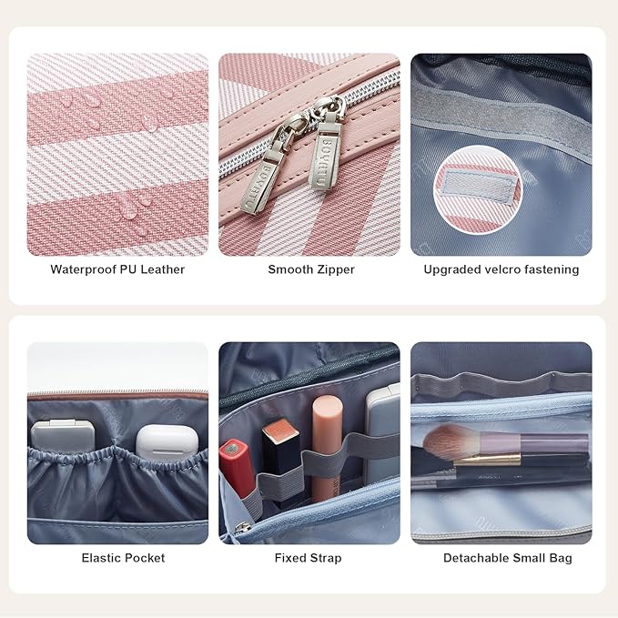 BOYATU Travel Makeup Bag for Women: Large Cosmetic Bag Set of 3 - PU Leather Make up Bag with Compartments - Compact Waterproof Toiletry Bag with Divider & Handle (B-1-Pink)