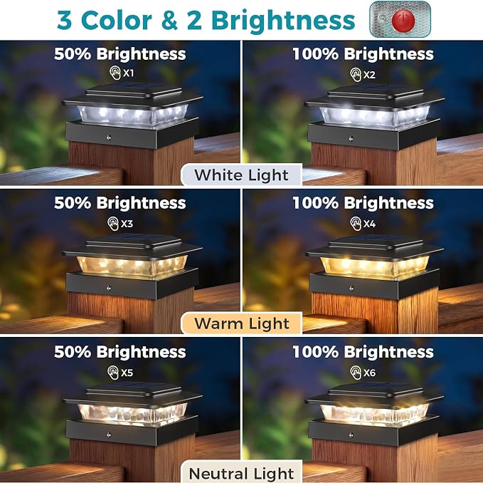 kolpop 4x4 Solar Post Cap Lights Outdoor 12Pack- 3 Color Temperatures& 2 Level Brightness, IP65 Waterproof, 16 LED Black Fence Deck Post Light Solar Powered Only for 4×4/3.5×3.5 Wood/Vinyl Posts